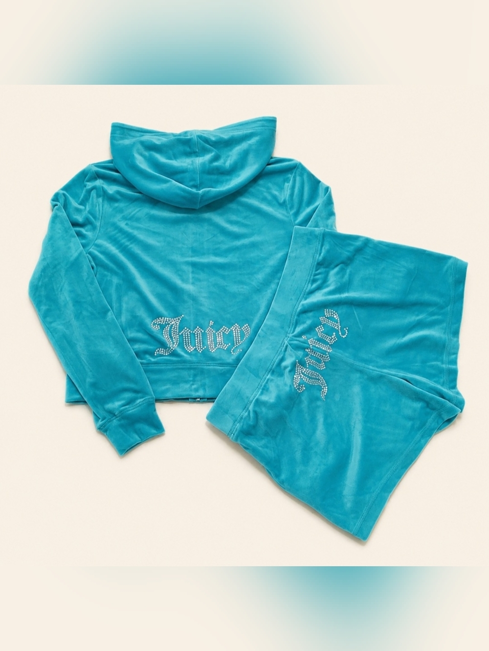 Juicy Couture Coastal Teal Velour Zip Up Hoodie & Shorts Set - L
